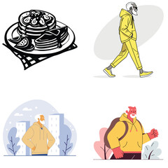 Stylish older man in yellow hoodie enjoying breakfast and city life