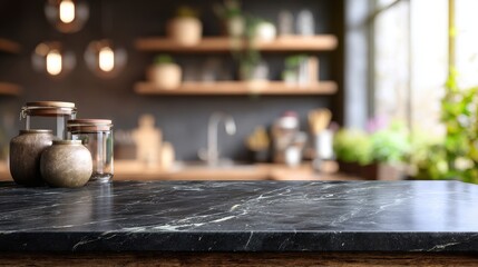 High-quality photo of modern empty dark marble table top or kitchen island on blurry bokeh kitchen room interior background.