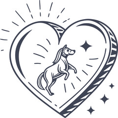 Naklejka premium Horse in Heart Black and White Vector Illustration for Equestrian and Love Design