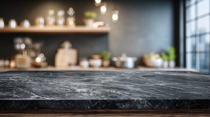 High-quality photo of modern empty dark marble table top or kitchen island on blurry bokeh kitchen room interior background.