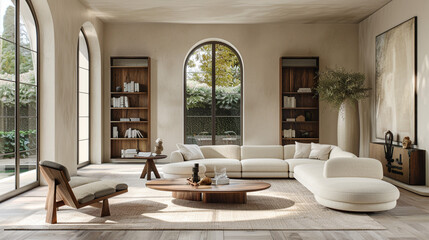 Subtle transitional living room with ivory walls, low-profile furniture, wood and metal mix, and soft sunlight.