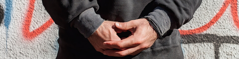 Fototapeta premium Person's Hands Clasped in Dark Sweatshirt Against Graffiti Wall