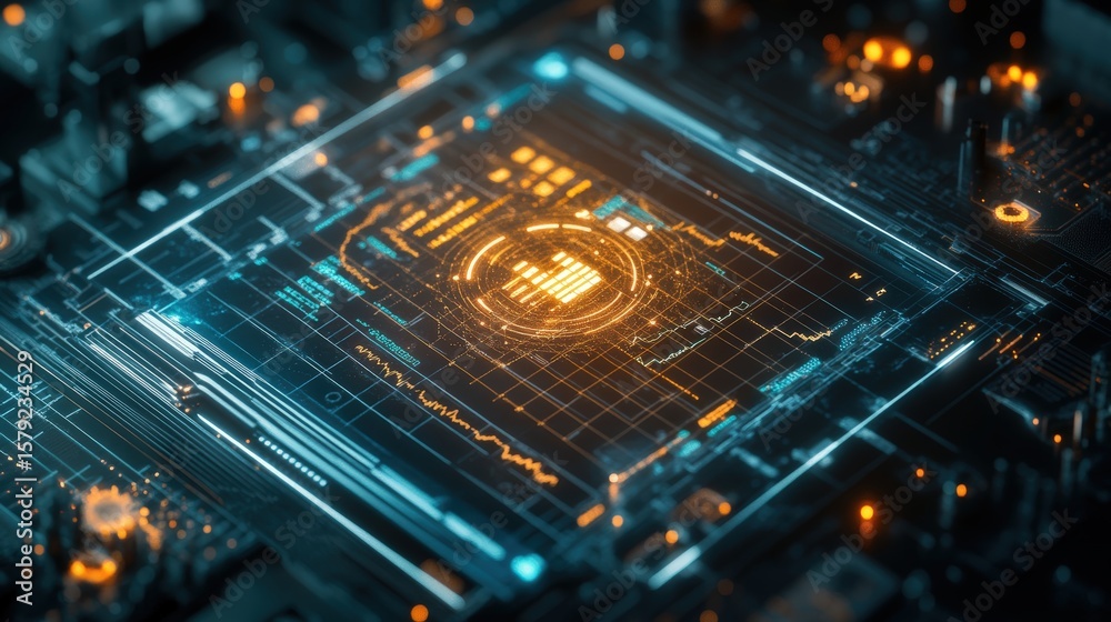 Poster futuristic digital interface technology with holographic data visualization on a high-tech circuit b