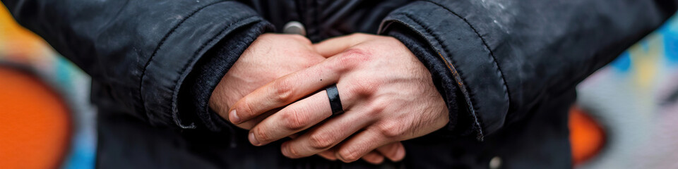 Close-up of Clasped Hands with Black Ring and Dark Jacket