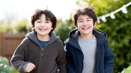Fototapeta premium Two smiling young boys wearing jackets standing outdoors in daylight child