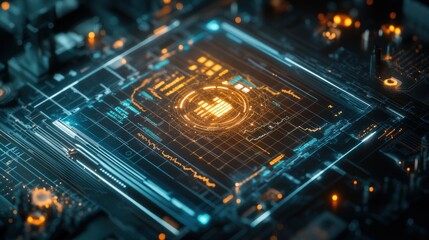Futuristic digital interface technology with holographic data visualization on a high-tech circuit board