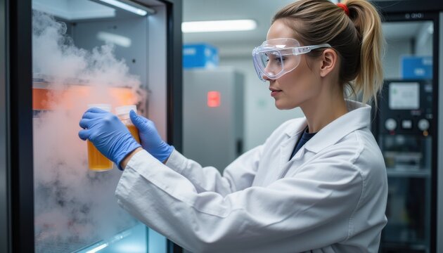 Female lab technician using cryogenic freezer with nitrogen vapor  