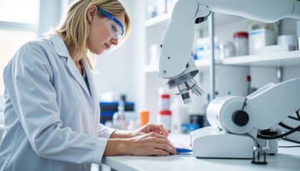 Fototapeta premium Female scientist using robotic arm for blood analysis in laboratory 