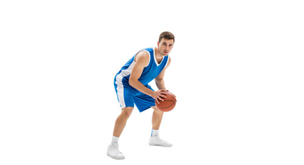 A Focused Basketball Player in Action, Preparing for an Impressive Play on the Court, PNG Isolated on Transparent Background