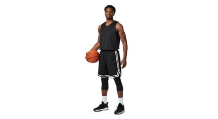 A Young Basketball Player in a Black Jersey and Shorts Holds a Basketball in a Studio Setting, PNG Isolated on Transparent Background