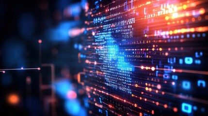 Fototapeta premium Futuristic digital data stream with glowing binary code and vibrant technological information