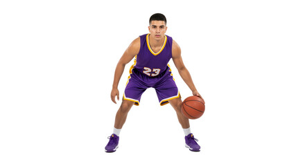 Dynamic Basketball Player in Purple Jersey Strategically Positioning for an Imminent Play on the Court, PNG Isolated on Transparent Background