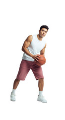 Dynamic Young Basketball Player Preparing for a Shot in a Modern Sports Setting, PNG Isolated on Transparent Background