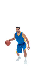 Dynamic Basketball Player in Action Ready to Drive Towards the Hoop on the Court, PNG Isolated on Transparent Background