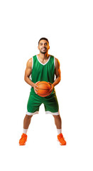 Energetic Basketball Player Holding a Ball in a Dynamic Pose on a Transparent Background, PNG Isolated on Transparent Background