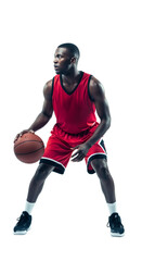 Dynamic Basketball Player in Action: A Captivating Display of Skill and Athleticism on the Court, PNG Isolated on Transparent Background