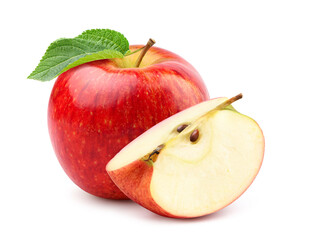 Red apple with cut in half isolated on white background.