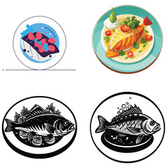 Artistic representations of delicious fish dishes and seafood illustrations