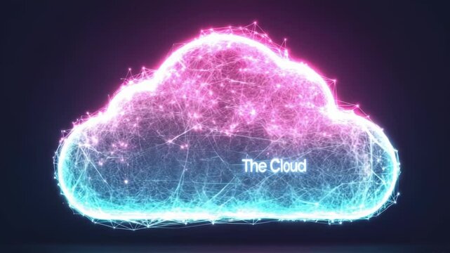 A glowing cloud-shaped digital network, rendered in vibrant pink and teal hues, is presented against a dark background.  The words "The Cloud" are subtly inscribed within its luminescent form