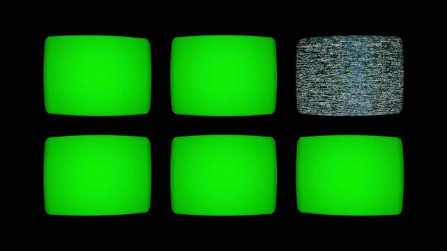 Old Monitors with green screens for insertion. Multiple TV screens with chroma key and interference. Security Camera Monitors with green screens. Looping animation.