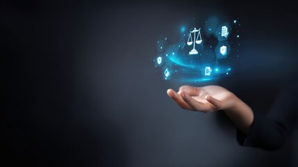 Hand pointing at glowing digital justice scale symbol with futuristic abstract background concept of law legal innovation cyber justice and modern technology for legal tech or digital rights