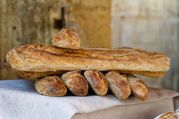 View of a layered group of original French freshly baked baguette breads