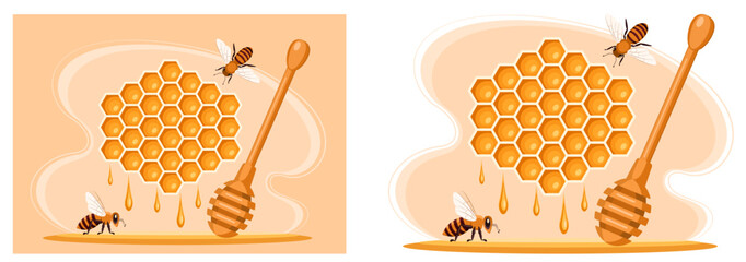 Honeycombs with honey, bees and honey spoon. Concept of honey production and sale, natural nutrition and healthy lifestyle. Advertising banner, label for honey trade. Vector illustration.