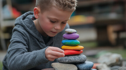 Young boy placing a painted rainbow-colored stone on a cairn in a schoolyard peace project