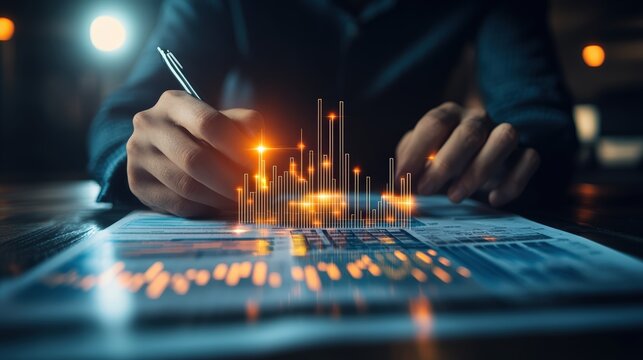 Businessman using digital tablet with holographic financial data analysis and futuristic technology interface