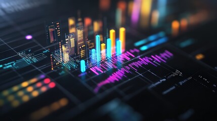 Futuristic digital financial graph analysis with glowing colorful bar charts and data visualization on dark screen