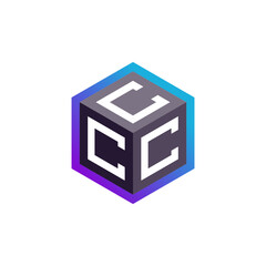 A dark grey 3D cube with white 'C's on each face, framed by a vibrant blue and purple gradient outline