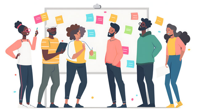 Diverse team collaborating on whiteboard with sticky notes in a creative office environment scenario .