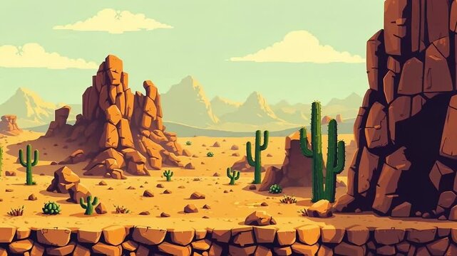8 bit 2D Video Game Background. 8-bit Pixel Art Retro Platformer Game Scene. Arid Desert Landscape: Majestic Rock Formations and Prickly Cacti Under a Bright Sun, Video Game Animation