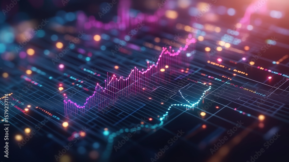 Poster vibrant digital financial chart with glowing lines and dynamic data visualization in neon colors