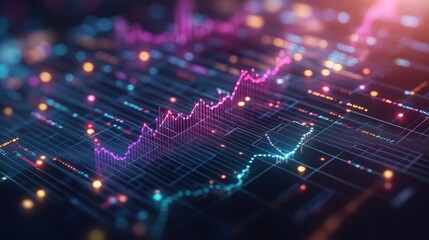 Vibrant digital financial chart with glowing lines and dynamic data visualization in neon colors