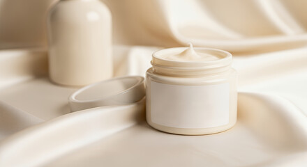 A luxurious skincare cream in a white jar placed on silky satin fabric with a white spatula, highlighting soft textures and clean beauty.