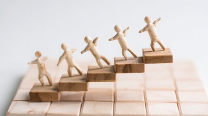 Group of miniature people standing on a wooden block representing structured leadership and synergistic team dynamics