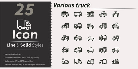 Collection of 25 various truck icons in line and solid styles