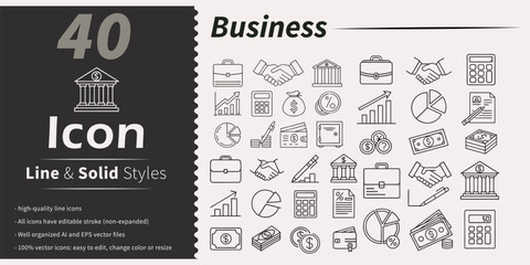 Collection of 40 business and finance icons in line and solid styles