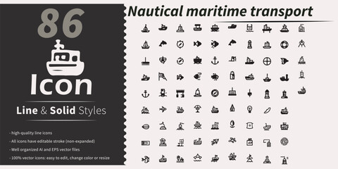 Collection of 86 nautical and maritime transport icons in line and solid styles