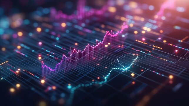 Vibrant digital financial chart with glowing lines and dynamic data visualization in neon colors