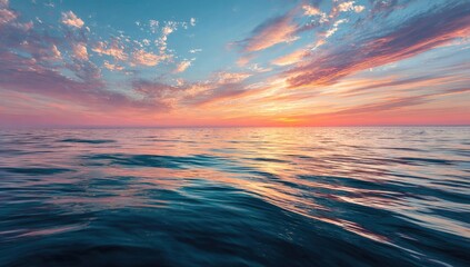 Obraz premium Serene sunset over calm ocean; pastel hues paint the sky, reflected subtly on the tranquil water's surface