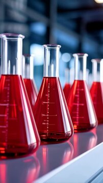 Close-up of Erlenmeyer flasks filled with red liquid inside laboratory for scientific research and analysis of chemical properties.