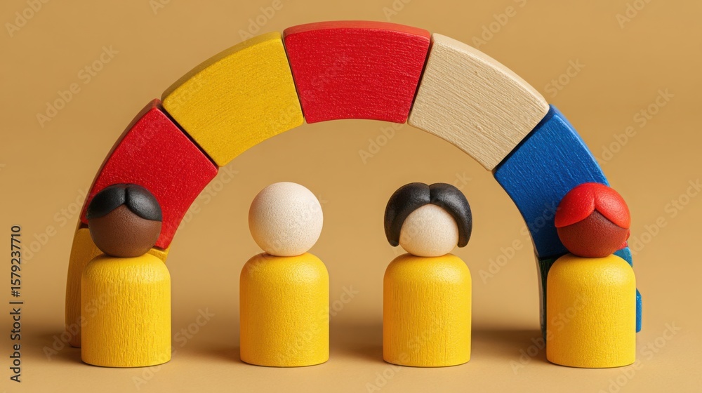 Poster group of wooden figures symbolizing team kpi alignment with emphasis on minimal gauge and collaborat