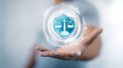 Hand pointing at glowing digital justice scale symbol with futuristic abstract background concept of law legal innovation cyber justice and modern technology for legal tech or digital rights