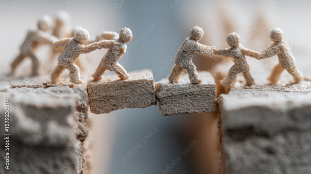 Poster miniature people on a wall illustrating team dynamics and vision execution in a minimalist conceptua