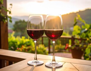 Zwei Gl&auml;ser Rotwein im Sonnenlicht