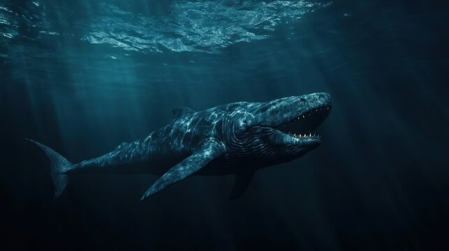 Captivating mosasaurus emerges from the depths with ethereal sun rays