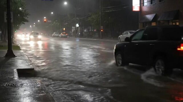 Real-life video of heavy rain causing flash floods in a city street, cars partially submerged, and water rushing along roads. Captures extreme weather patterns due to climate change.
