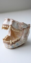 Close up of a weathered animal jawbone with sharp teeth isolated on a white background